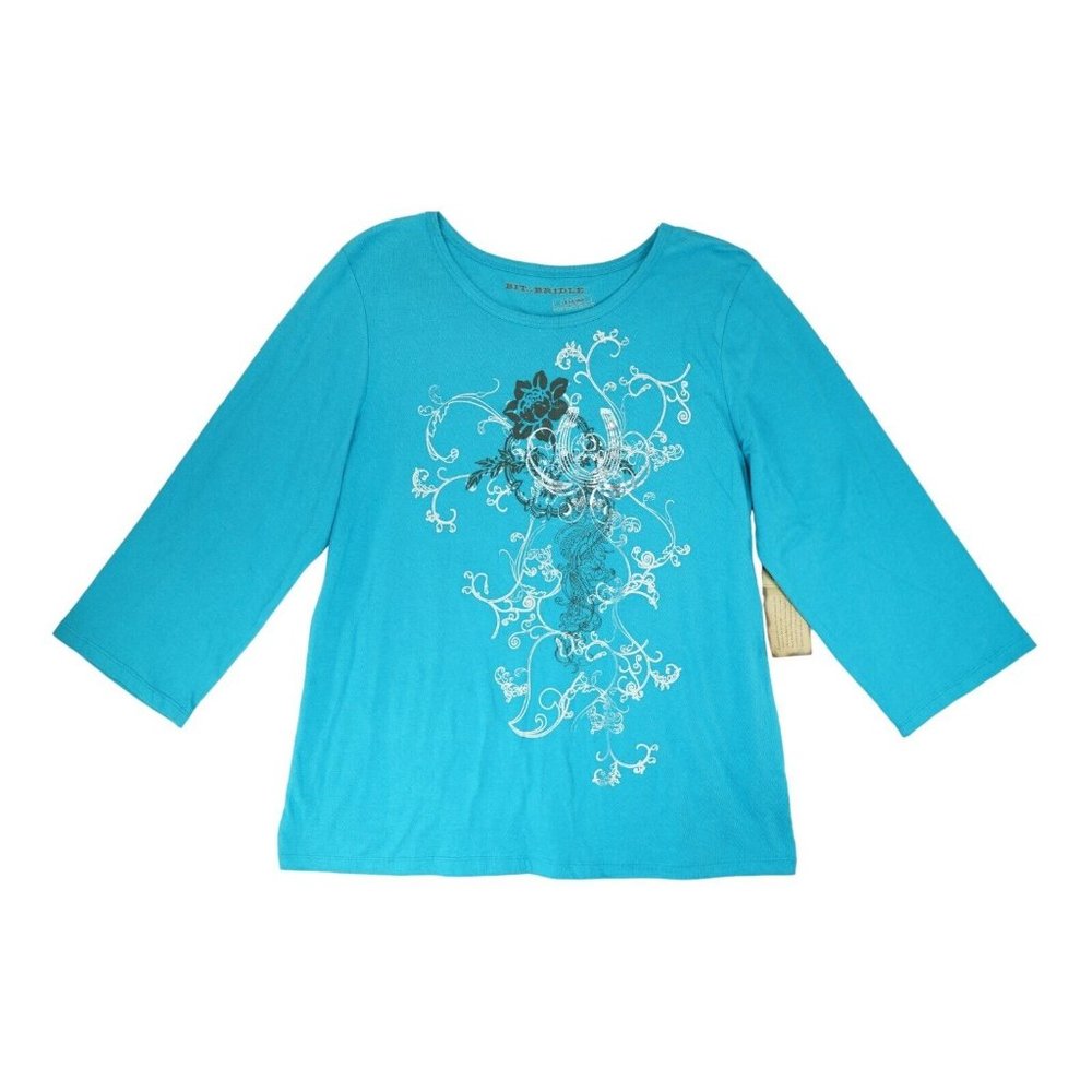 NWT Bit & Bridle Women's Top 1X Large Blue T-Shirt 3/4 Sleeve ~ Floral Print
